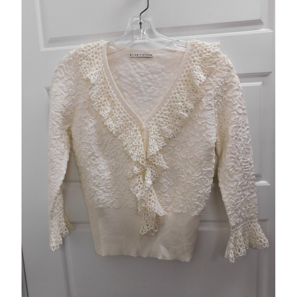 Alice + Olivia Cream White Knit Crochet Cardigan V-neck Sweater sz S